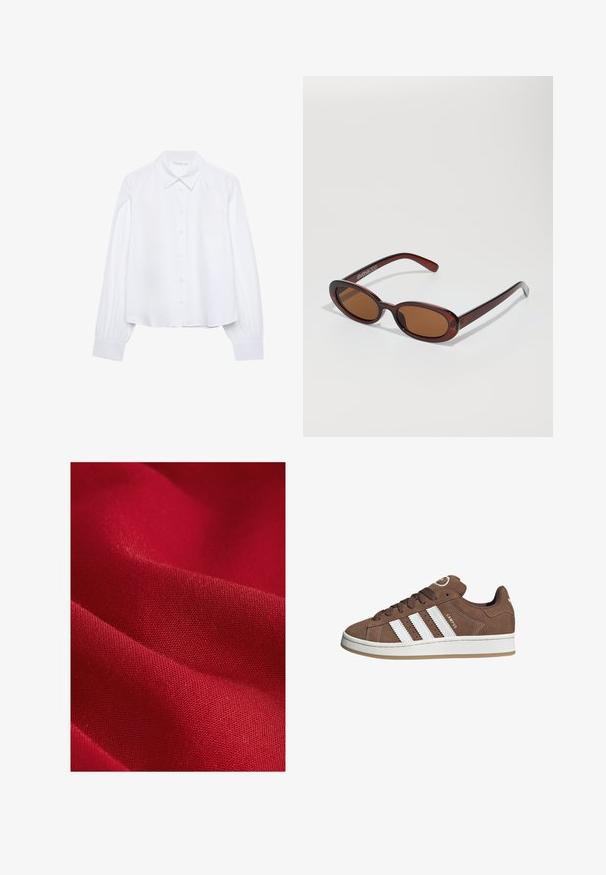 Witte langarm button-up shirt met een puntige kraag en plooikomende manchetten, weergegeven op een effen witte achtergrond.; Rode stof met een gladde textuur, met een fijne weving en een lichte glans, vertonend zachte plooien en contouren.; Bruine suède sneaker met witte leren strepen, rubberen zool, ronde neus en vetersluiting. Kenmerkt zich door een logo op de tong en geperforeerde accenten.; Ronde, bruin getinte zonnebril met een glanzend bordeauxrood frame. Slanke pootjes met subtiele merkdetails. Vlakke lensontwerp.; Bordeaux handtas van synthetisch materiaal met een gestructureerd ontwerp, voorzien van een afneembare schouderband en een met bloemenpatroon versierde sjaal die aan het handvat is geknoopt.; Casio quartz horloge met een rechthoekige zilveren wijzerplaat, gouden accenten en een twee-kleurige metalen armband in zilver en goud. Waterdicht.