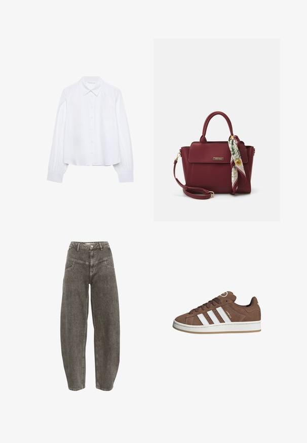Valkoinen pitkähihaisten nappipaidan, jossa on terävä kaulus ja kerääntyneet hihansuut, esitelty yksinkertaisella valkoisella taustalla.; Gestuz JOSIE BARREL - Leveälahkeiset - greige denim wash; Valkoiset nahkareunat ja ruskeat samettikankaiset tennarit, joissa on kumipohja, pyöreä kärki ja nauhakiinnitys edessä. Kengissä on logo kielekkeessä ja rei'itettyjä yksityiskohtia.; Burgundy laukku, joka on valmistettu synteettisestä materiaalista ja jossa on jäsennelty muotoilu. Laukussa on irrotettava hihna ja kukkakuosisia huiveja, jotka on sidottu kahvaan.