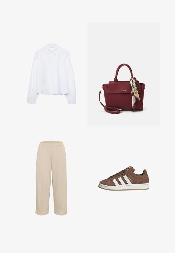 Weißes Langarm-Hemd mit Knopfleiste, spitzem Kragen und gerafften Manschetten, auf einem schlichten weißen Hintergrund präsentiert.; Kaffe CROPPED - Jogginghose - feather gray; Braune Wildledersneaker mit weißen Lederstreifen, Gummisohle, gerundetem Zehenbereich und Schnürung. Mit einem Logo auf der Zunge und perforierten Akzenten.; Burgunderfarbene Handtasche aus synthetischem Material mit strukturiertem Design, ausgestattet mit einem abnehmbaren Trageriemen und einem blumenmusternden Schal, der am Griff gebunden ist.