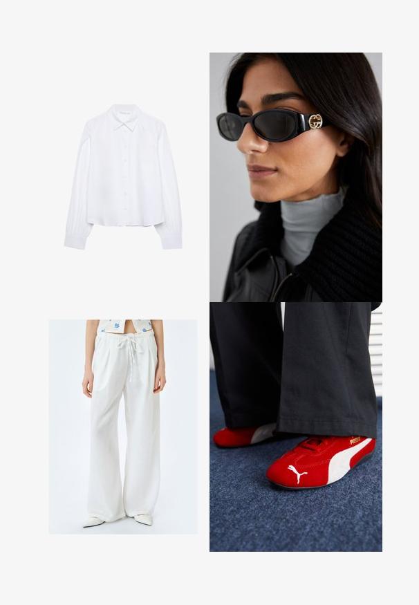 Witte langarm button-up shirt met een puntige kraag en plooikomende manchetten, weergegeven op een effen witte achtergrond.; Witte linnen broek met wijde pijpen en een trekkoord in de taille, met een zachte textuur en een relaxte pasvorm. Gemaakt in combinatie met puntige witte schoenen.; Rode suède sneakers met witte accenten, met een textuurmateriaal, ronde neus en een gouden logo aan de zijkant, gedragen met zwarte broek.; Zwarte zonnebril met een stijlvolle rechthoekige montuur en een gouden logo-accent aan de zijkant. Donkere lenzen en een glanzende afwerking zijn opvallend.; Zwarte tote bag van getextureerd materiaal, met twee lange handvatten en een eenvoudig, minimalistisch ontwerp zonder zichtbare hardware.