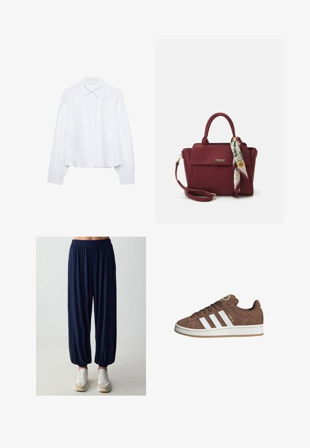 Witte langarm button-up shirt met een puntige kraag en plooikomende manchetten, weergegeven op een effen witte achtergrond.; Marineblauwe elastische broek met een losse, taps toelopende pasvorm en gathered enkels, gecombineerd met witte sportschoenen. Gladde stofstructuur.; Bruine suède sneaker met witte leren strepen, rubberen zool, ronde neus en vetersluiting. Kenmerkt zich door een logo op de tong en geperforeerde accenten.; Bordeaux handtas van synthetisch materiaal met een gestructureerd ontwerp, voorzien van een afneembare schouderband en een met bloemenpatroon versierde sjaal die aan het handvat is geknoopt.