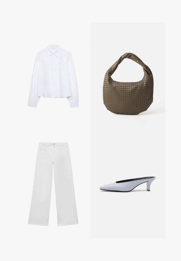 Camicia bianca a maniche lunghe con colletto a punta e polsini arricciati, mostrata su uno sfondo bianco semplice.; Jeans bianchi a gamba larga in denim con pancia piatta, due tasche frontali e chiusura con bottone, caratterizzati da una gamba dritta e senza motivi visibili.; Mule in pelle lucida blu chiaro con punta affusolata, tacco trasparente basso e design elegante caratterizzato da un'apertura sulla parte superiore.; Borsa in oliva intrecciata con forma arrotondata e manico attorcigliato. La superficie testurizzata presenta un motivo diagonale. Chiusura con cerniera.