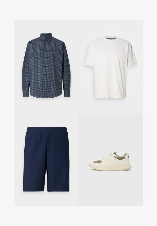 Tumši zils garroku pogājams krekls ar baltas režģa rakstu un smailu apkakli, attēlots uz vienkārša baltā fona.; Balts kokvilnas T-krekls ar apaļu kakla izgriezumu, īsām piedurknēm un kreisajā krūtī esošu kabatiņu. Tam ir neliels logo uz etiķetes sānu šuvē.; Jūras zila sporta šorti ar ribotu tekstūru, elastīgu jostasvieta un taisnu griezumu, paredzēti komfortam un vieglai kustībai.; Baltas un gaiši bež sporta apavi, ar sieta augšdaļu, perforētiem detaļām un teksturētu vidusdaļu ar zīmolu uz papēža.