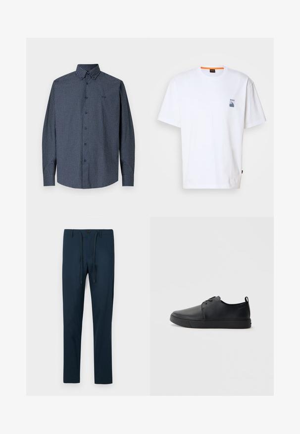Tengerészkék, hosszú ujjú, gombolós ing fehér négyzethálós mintával és hegyes gallérral, egyszerű fehér háttér előtt bemutatva.; Fehér pamut póló, amelyen egy kis kék logó és grafikai design található a bal mellen; lazán szabott, klasszikus kerek nyakkivágással.; Sötétkék, könnyű anyagból készült nadrág, gombos zárással és állítható húzózsinórral, slim, tapered szabással.; Fekete bőr sportcipő sima felülettel, lekerekített orral, azonos színű varrással, fűzős elülső résszel és lapos gumitalppal. Hurok a sarkán.