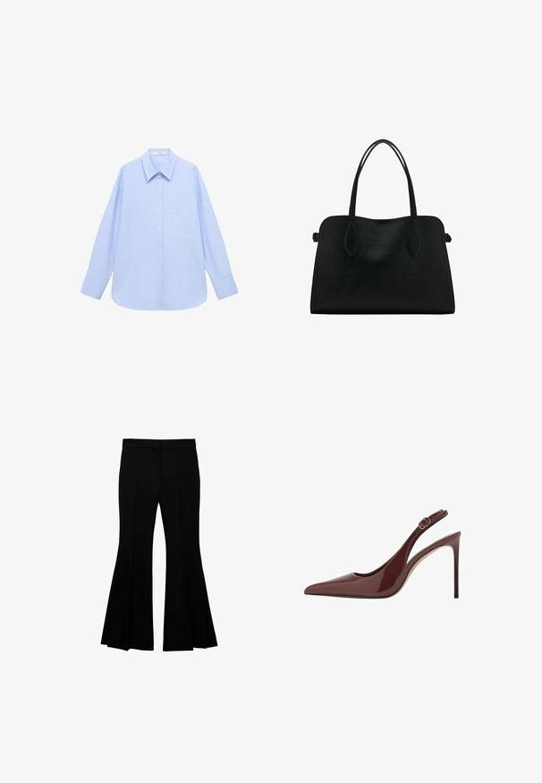 Svetlo modrá košeľa s dlhým rukávom, s golierom na gombíky, jednou náprsné vrecko a voľným strihom. Hladká textúra látky a klasický dizajn.; Čierne rozšírené nohavice so hladkým materiálom, ktoré majú obtiahnutý pás, široké nohavice a jemné detaily od kolena po lem.; Hnedé lakované kožené vyžuté lodičky s jemnou špičkou a nastaviteľným prackovým remienkom, na tenkom stiletto podpätku.; Čierna kožená kabelka s dvojitými popruhmi na rameno, obdĺžnikový tvar a minimalistický dizajn na bielom pozadí.