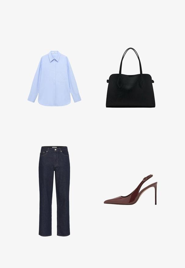 Svetlo modra srajca z dolgimi rokavi, s ovratnikom na gumb in enim žepom na prsih, ter sproščenim krojem. Gladka tekstura materiala in klasičen dizajn.; Gestuz SUMMER WIDE - Široke hlačnice - unwashed denim; Temno rjava paten usnjena visoka peta s koničastim nosom in nastavljivim zaponko ter tankim stiletto petam.; Črna usnjena torbica z dvema naramnima trakoma, pravokotne oblike in minimalističnim dizajnom na beli podlagi.