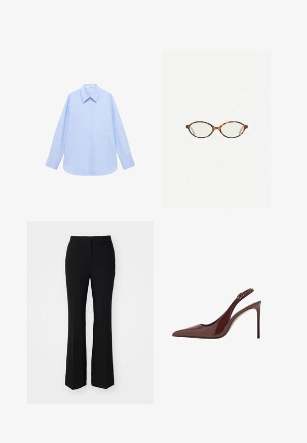 Lichtblauw overhemd met lange mouwen, voorzien van een button-down kraag, een enkele borstzak en een ontspannen pasvorm. Zachte stofstructuur en klassiek ontwerp.; Zwarte op maat gemaakte broek met een flare-vorm. Gemaakt van een gladde stof met voren geplaatste plooien en een platte tailleband. Geen zichtbare zakken.; Donkerbruine lakleren slingback met spitse neus, hoge hak en verstelbare gespriem. De slanke stilettohak voegt een elegante touch toe.; Kattenoogbril met ovale lenzen en een strakke, gladde afwerking. Heeft dunne zijkanten met een subtiele kromming bij de slapen. Transparante lenzen.