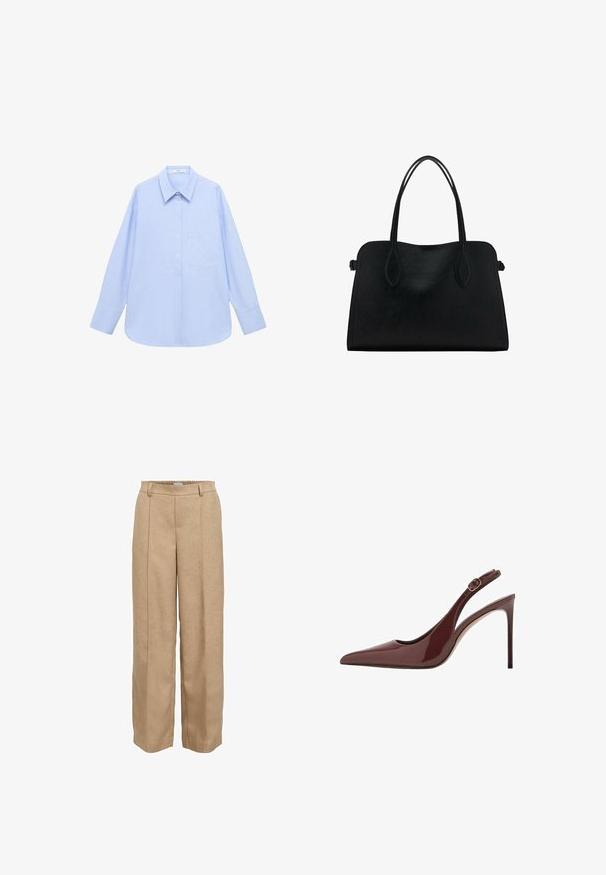 Svetlo modra srajca z dolgimi rokavi, s ovratnikom na gumb in enim žepom na prsih, ter sproščenim krojem. Gladka tekstura materiala in klasičen dizajn.; Bež široke hlače iz teksturiranega blaga. Imajo elastičen pas in dva sprednja plošča za dodatni slog.; Temno rjava paten usnjena visoka peta s koničastim nosom in nastavljivim zaponko ter tankim stiletto petam.; Črna usnjena torbica z dvema naramnima trakoma, pravokotne oblike in minimalističnim dizajnom na beli podlagi.