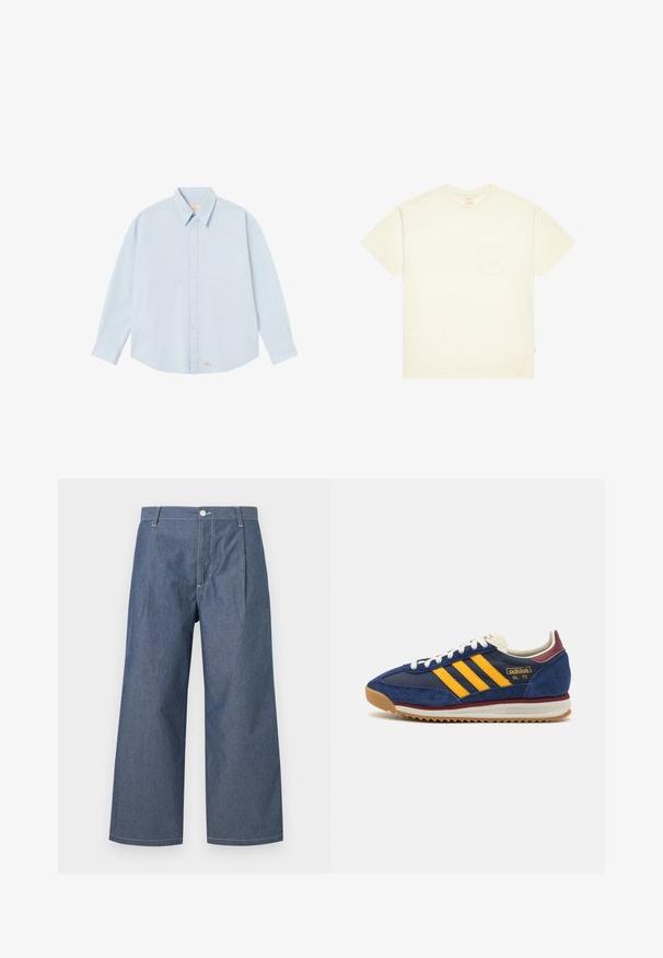 Lys blå langermet skjorte med knapper i et glatt stoff. Har en klassisk krage og en liten logo brodert i gull nær sømmen.; Kremfarget bomulls t-skjorte med korte ermer, rund hals og en brystlomme med en subtil logo. Glatt tekstur og avslappet passform.; Lett denim bukser i en mørkeblå nyanse, med høy midje, vide ben, frontfolder og knappelukking.; Marineblå suede sneakers med gule striper, hvite lisser og burgunder detaljer. Teksturert såle med spor for grep. Merkevarenlogo på siden.