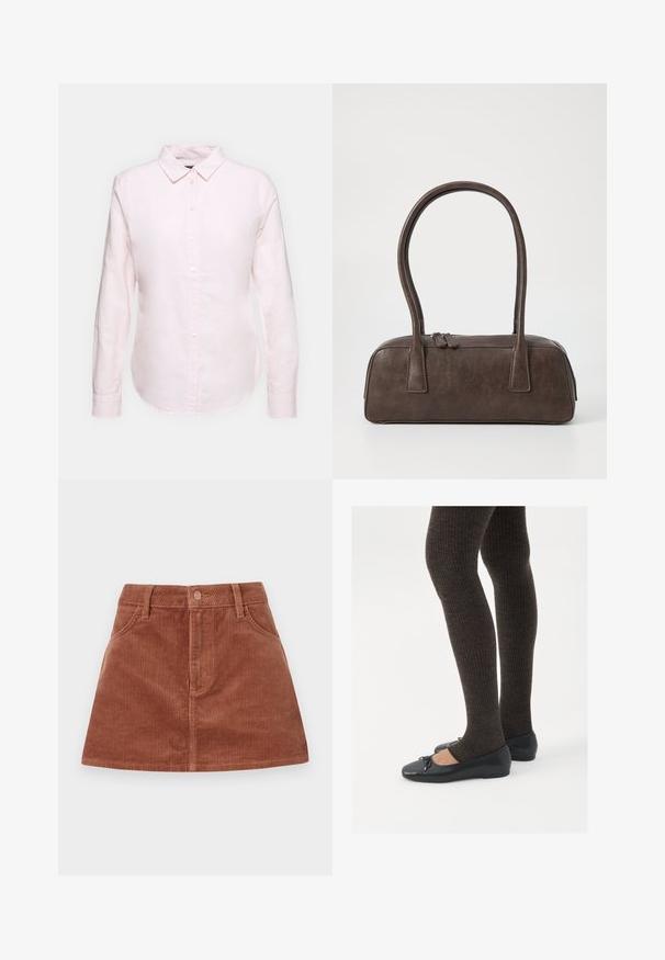 Lyserød langærmet skjorte med knapkrave, der har en lige nederkant og blød tekstur, lavet af letvægts bomuldsstof.; Brun kordfløyels mini skjørt med vertikal ribbete tekstur, frontlommer, knappelukking og rett snitt.; Sorte flate sko med en liten sløyfedetalj på tåen, kombinert med mørkebrune ribbede strømpebukser. Skoene har en glatt overflate og lav profil.; Brun lærveske med to robuste håndtak, rektangulær form, jevn tekstur og glidelås. Minimalistisk design uten synlige mønstre.