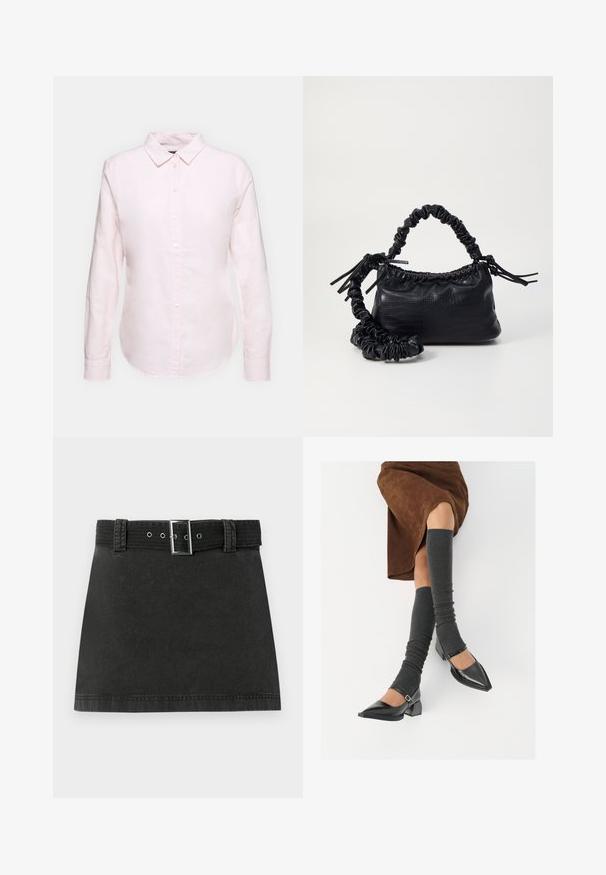 Jasnoróżowa, długosleeve koszula z kołnierzykiem na guziki, posiadająca prosty dół i miękką teksturę, wykonana z lekkiej bawełnianej tkaniny.; Czarna mini spódnica dżinsowa z dopasowanym paskiem z metalową klamrą oraz szlufkami, wyeksponowana płasko na białym tle.; Czarne lakierowane buty na szpilce z prostokątnym obcasem i paskiem na kostce, zestawione z szarymi prążkowanymi ocieplaczami na nogi oraz brązową zamszową spódnicą.; Czarna torebka z syntetycznej skóry o teksturze krokodyla, z zaciąganym górnym zamknięciem i marszczonym paskiem. Wygląda na miękką i zwartą w designie.