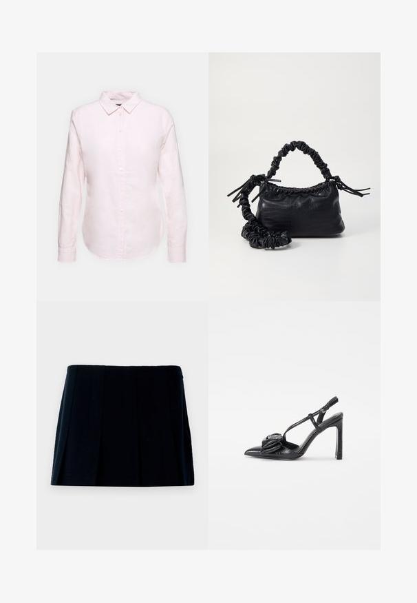 Gai rozā garām piedurknēm krekls ar pogājamu apkakli, ar taisnu apakšmalu un mīkstu tekstūru, izgatavots no viegla kokvilnas auduma.; Melnā plisētā mini svārki, kas izgatavoti no auduma. Tiem ir taisna josta un vairākas vertikālas krokas, kas piešķir formu un tekstūru.; Melnas augstpapēžu kurpes ar norādītu purngalu, spīdīgu tekstūru, plānām siksniņām un dekoratīvu plīšu detalizāciju priekšā.; Melnā mākslīgās ādas rokassoma ar krokodila rakstu, savilkta augšdaļa un saburzīta siksna. Izskatās mīksta un kompakta pēc dizaina.