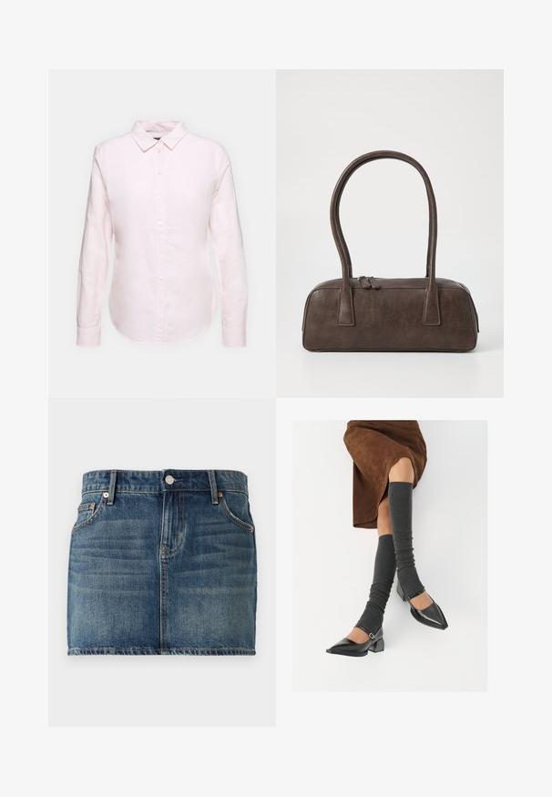 Šviesiai rožinė ilgom rankovėm marškiniai su užsegamu apykakle, turintys tiesią apatinę kraštinę ir minkštą tekstūrą, pagaminti iš lengvo medvilnės audinio.; Tamsiai mėlynas džinsinis mini sijonas su penkių kišenių dizainu, mygtukų užsegimu ir išryškintomis siūlėmis. Lygi tekstūra su šiek tiek išblukimu.; Juodi lakuoti odiniai batai su aštriu kuma ir bloko kulnu, derinami su pilkais riebiais kojų šildytuvais ir rudais zomšiniais sijonais.; Ruda odinė rankinė su dviem tvirtais rankenėlėmis, stačiakampio formos, lygi tekstūra ir užtrauktuku. Minimalistinis dizainas be matomų raštų.