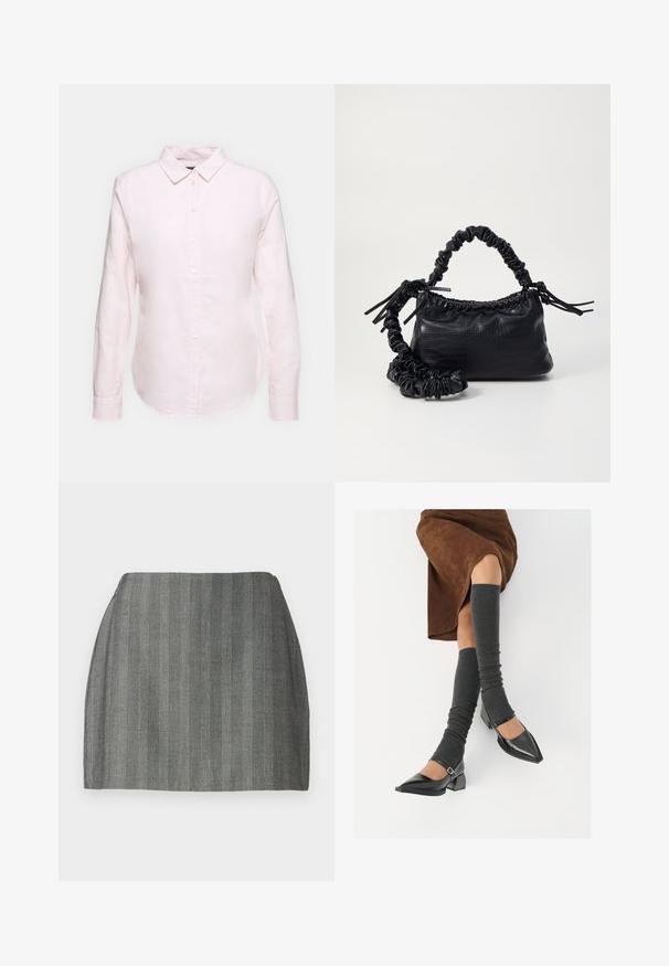 Šviesiai rožinė ilgom rankovėm marškiniai su užsegamu apykakle, turintys tiesią apatinę kraštinę ir minkštą tekstūrą, pagaminti iš lengvo medvilnės audinio.; Pilkos spalvos mini sijonas su tekstūruotu audiniu, turintis vertikalias linijas ir prigludusį liemenį. Tiesus siluetas ir lygus paviršius.; Juodi lakuoti odiniai batai su aštriu kuma ir bloko kulnu, derinami su pilkais riebiais kojų šildytuvais ir rudais zomšiniais sijonais.; Juodas dirbtinės odos rankinė su krokodilo tekstūra, sušnibždinta viršuje ir susikraipytu dirželiu. Atrodo minkšta ir kompaktiška.