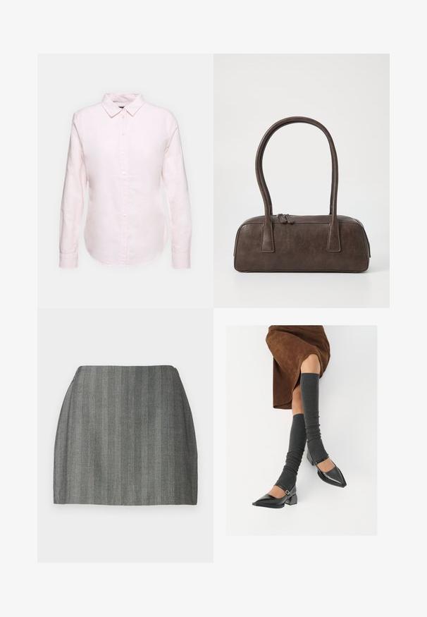 Kergelt roosa pika varrukaga särk, mis on varustatud nööpidega kaelaribaga, sirge hemiga ning pehme tekstuuriga, valmistatud kerge puuvillase kanga materjalist.; Hallhalli mini seelik, millel on tekstuuriga kangas, vertikaalsed triibud ja keha lähedal istuv vöökoht. Sirge lõige ja sile pind.; Mustad patsaline odav värviga kingad, millel on kreen ja pahkluuring, on paaritatud hallide ribakudumitega sääremiidega ja pruunist nahast seelikuga.; Pruunist nahast käsipagas kahe tugeva käepidemega, kandiline kuju, sile tekstuur ja tõmblukuga sulgemine. Minimalistlik disain, ilma nähtavate mustriteta.