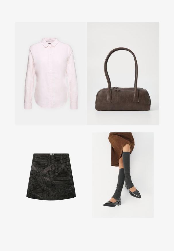 Ljusrosa långärmad skjorta med knappkrage, med rak nederkant och mjukt tyg, tillverkad av lätt bomullsmaterial.; Svart mini kjol med texturerad, plisserad design som har geometriska mönster. Rak form med en dold dragkedja i ryggen.; Svarta lackläderskor med spetsig tå, blockklack och ankelrem, i kombination med grå ribbade benvärmare och en brun mockakjol.; Brun läderhandväska med två stadiga handtag, rektangulär form, slät yta och dragkedjestängning. Minimalistisk design utan synliga mönster.