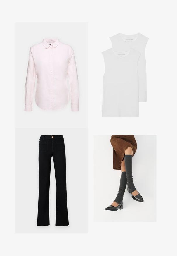 Hellrosa Langarmhemd mit Button-Down-Kragen, geradem Saum und weicher Textur, aus leichtem Baumwollstoff gefertigt.; Zwei weiße ärmellose T-Shirts aus weichem Baumwollmaterial, mit einem runden Ausschnitt und ohne sichtbare Muster oder Metallteile.; Schwarze hochtaillierte Jeans im Straight-Leg-Schnitt mit aufgesetzten Vordertaschen und einem kupferfarbenen Knopfverschluss auf neutralem Hintergrund.; Schwarze lacklederne spitze Schuhe mit Blockabsatz und Knöchelriemen, kombiniert mit grauen gerippten Beinstulpen und einem braunen Wildlederrock.