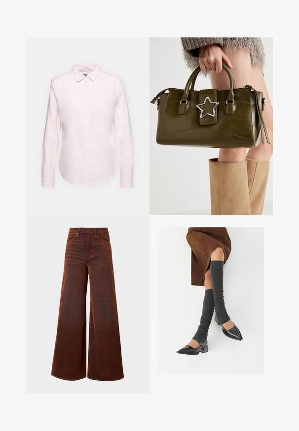 Light pink long-sleeve shirt with a button-down collar, featuring a straight hem and soft texture, made from lightweight cotton fabric.; High-waisted, wide-leg brown jeans with front pockets, belt loops, and a button closure, displayed against a plain background.; Black patent leather pointed-toe shoes with a block heel and ankle strap, paired with gray ribbed leg warmers and a brown suede skirt.; Olive green faux leather handbag with silver star accent, dual handles, and a zip closure. Textured surface and structured shape.