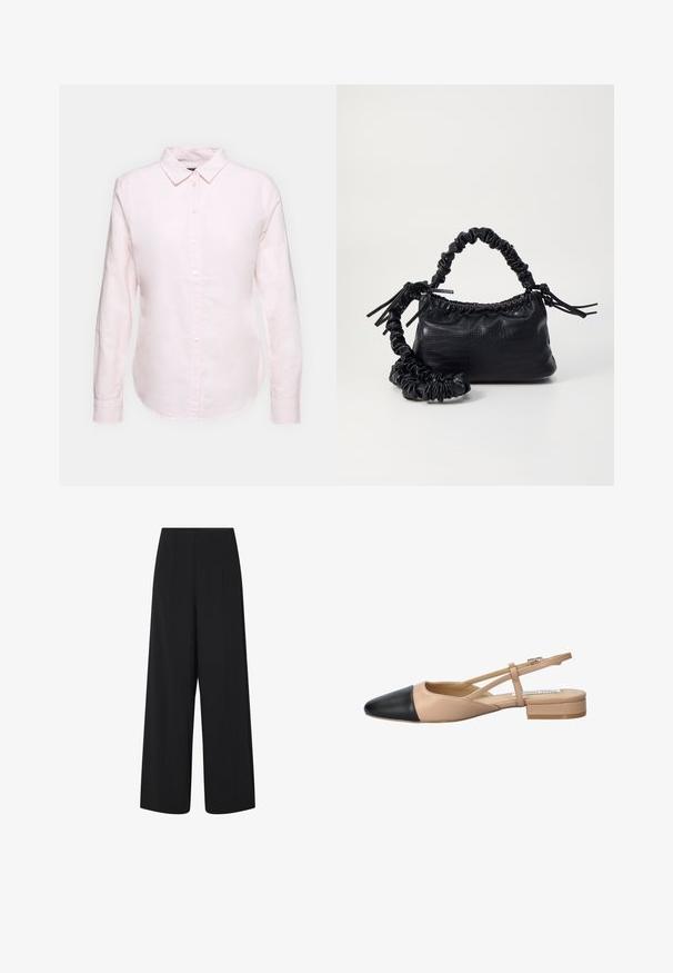 Šviesiai rožinė ilgom rankovėm marškiniai su užsegamu apykakle, turintys tiesią apatinę kraštinę ir minkštą tekstūrą, pagaminti iš lengvo medvilnės audinio.; Juodos plataus kelnių suknelės trumpomis kelnėmis, aukštu liemeniu ir šoninėmis kišenėmis, su subtiliomis vertikaliomis siūlėmis.; Kreminė ir juoda dviejų tonų slingback avalynė su smailiu pirštu, plokščiu kulnu ir kryžminiu dirželiu. Lygaus odos paviršius.; Juodas dirbtinės odos rankinė su krokodilo tekstūra, sušnibždinta viršuje ir susikraipytu dirželiu. Atrodo minkšta ir kompaktiška.