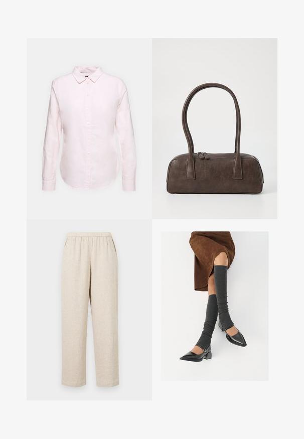 Light pink long-sleeve shirt with a button-down collar, featuring a straight hem and soft texture, made from lightweight cotton fabric.; Beige linen trousers with an elastic waistband, featuring side pockets, straight legs, and a textured fabric finish.; Black patent leather pointed-toe shoes with a block heel and ankle strap, paired with gray ribbed leg warmers and a brown suede skirt.; Brown leather handbag with two sturdy handles, rectangular shape, smooth texture, and zip closure. Minimalist design with no visible patterns.