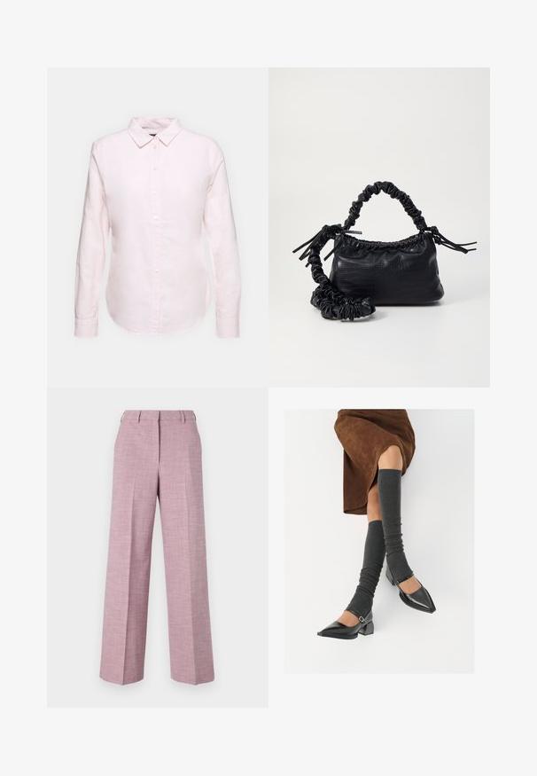 Kergelt roosa pika varrukaga särk, mis on varustatud nööpidega kaelaribaga, sirge hemiga ning pehme tekstuuriga, valmistatud kerge puuvillase kanga materjalist.; Laiad püksid tekstureeritud helesinises kangas, millel on lame esiosa, peened voltid ja klassikaline vöödisain.; Mustad patsaline odav värviga kingad, millel on kreen ja pahkluuring, on paaritatud hallide ribakudumitega sääremiidega ja pruunist nahast seelikuga.; Must must sünteetilisest nahast käekott, millel on krokodillimuster, kokku tõmmatav ülaosa ja kortsus rihm. Tundub pehme ja kompaktne disain.