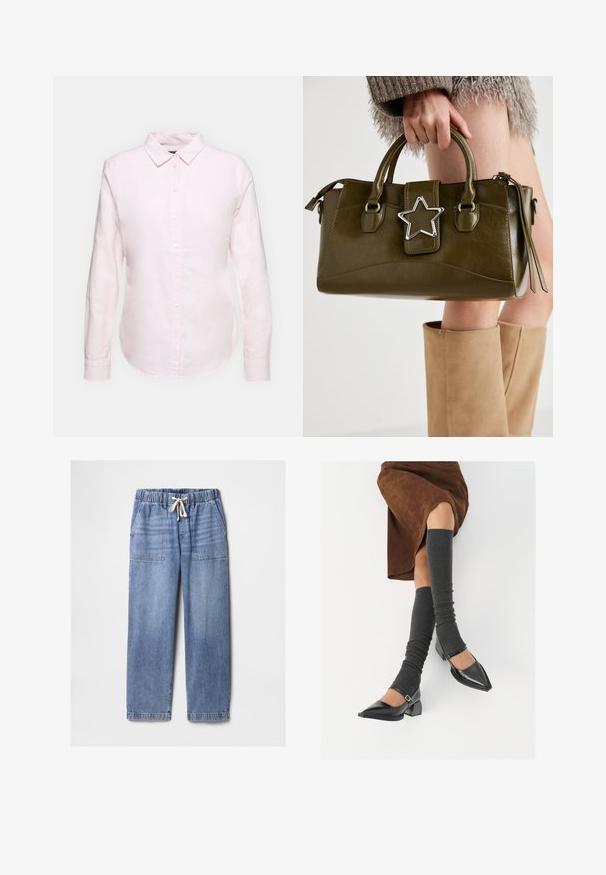 Svetloružová košeľa s dlhým rukávom a golierom na gombíky, s rovno strihaným lemom a jemnou textúrou, vyrobená z ľahkej bavlnenej látky.; Svetlosivé denimové nohavice s elastickým pásom a bielou šnúrkou, s prednými náprsnými vreckami a rovnými nohami.; Čierne lakované kožené topánky s špicatou špičkou, blokovým podpätkom a členkovým remienkom, ktoré sú kombinované so šedými rebrovanými legínami a hnedou zamšovou sukňou.; Olive zelená kabelka z faux kože s striebornou hviezdou, dvojitými uchami a zipsovým uzáverom. Textúrovaný povrch a štruktúrovaný tvar.