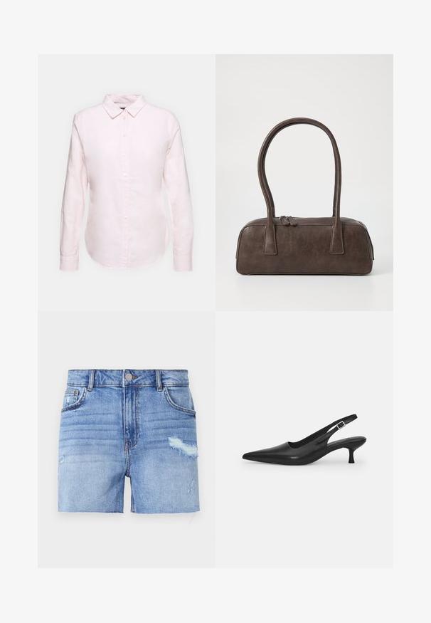 Vaaleanpunainen pitkähihaisessa paidassa on napitettava kaulus, suora helma ja pehmeä rakenne, ja se on valmistettu kevyestä puuvillakankaasta.; Vaaleansiniset farkkushortsit, joissa on kulutettu pinta. Ominaisuuksia ovat viisi taskua, edessä nappikiinnitys sekä suora leikkaus säärystetyllä helmalla.; Mustan nahkainen slingback-kengät, joissa on terävä nenä ja kapea, kaareva korko. Varustettu huomaamattomalla säädettävällä hihnalla, jossa on metallinen solki.; Ruskea nahkalaukku, jossa on kaksi tukevasti kantavaa kahvaa, suorakaiteen muotoinen, sileä pinta ja vetoketjukiinnitys. Minimalistinen muotoilu ilman näkyviä kuvioita.