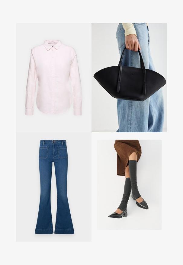 Ljusrosa långärmad skjorta med knappkrage, med rak nederkant och mjukt tyg, tillverkad av lätt bomullsmaterial.; Blå utsvängda jeans i denim, med medelhög midja, två bakfickor och en sydd fåll. Slät yta med en lätt blekt look.; Svarta lackläderskor med spetsig tå, blockklack och ankelrem, i kombination med grå ribbade benvärmare och en brun mockakjol.; Svart läderhandväska med en unik fläktform, som har platta handtag. Ytan har en pebblad textur och en minimalistisk design.