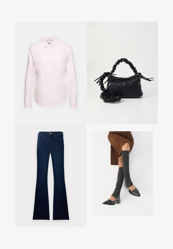 Kergelt roosa pika varrukaga särk, mis on varustatud nööpidega kaelaribaga, sirge hemiga ning pehme tekstuuriga, valmistatud kerge puuvillase kanga materjalist.; Tumedate flööbid teksad, mis on valmistatud denimist, sisaldavad nööpkl closure't, kahte esiosa taskut ja siledat tekstuuri.; Mustad patsaline odav värviga kingad, millel on kreen ja pahkluuring, on paaritatud hallide ribakudumitega sääremiidega ja pruunist nahast seelikuga.; Must must sünteetilisest nahast käekott, millel on krokodillimuster, kokku tõmmatav ülaosa ja kortsus rihm. Tundub pehme ja kompaktne disain.