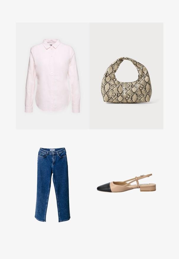 Camisa de manga longa rosa claro com colarinho abotoado, apresentando uma bainha reta e textura suave, feita de um tecido de algodão leve.; Jeans de ganga azul de perna larga com uma cintura alta, apresentando bolsos à frente, costura em contraste e um ajuste relaxado.; Sapato slingback bicolor em bege e preto, com bico apontado, salto baixo e detalhe de tira cruzada. Textura de couro suave.; Bolsa com padrão de pele de cobra e uma alça curva. Feita de materiais texturizados em bege e castanho, apresentando um padrão de diamante distintivo.