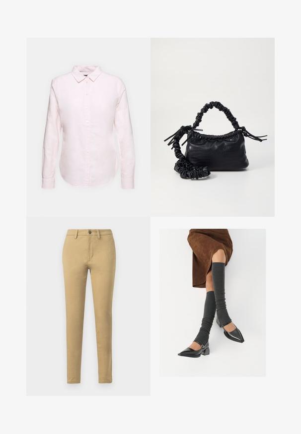 Svetloružová košeľa s dlhým rukávom a golierom na gombíky, s rovno strihaným lemom a jemnou textúrou, vyrobená z ľahkej bavlnenej látky.; Khaki chino nohavice vyrobené z bavlnenej zmesi, s úzkym strihom, pútkami na opasok, prednými vreckami a jedným gombíkom na zapínanie.; Čierne lakované kožené topánky s špicatou špičkou, blokovým podpätkom a členkovým remienkom, ktoré sú kombinované so šedými rebrovanými legínami a hnedou zamšovou sukňou.; Čierna umelá kožená kabelka s kroko vzorom, sťahovaným vrchom a zhnutým popruhom. Vyzerá mäkko a kompaktné v dizajne.