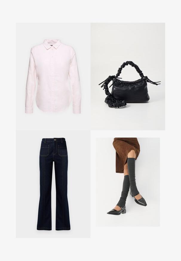 Cămașă roz deschis cu mâneci lungi, cu guler cu nasturi, având o margine dreaptă și o textură moale, realizată dintr-un material de bumbac ușor.; Jeans flared de un albastru închis, confecționați din denim, cu talie înaltă, două buzunare pe spate și cusături vizibile pe șanse.; Pantofi negri din piele lacuită, cu vârful ascuțit, toc bloc și curea la glezna, asortați cu jambiere gri cu nervuri și o fustă din suede maro.; Geantă din faux leather neagră cu textură de crocodil, cu partea superioară strânsă și o curea mototolită. Pare moale și compactă ca design.