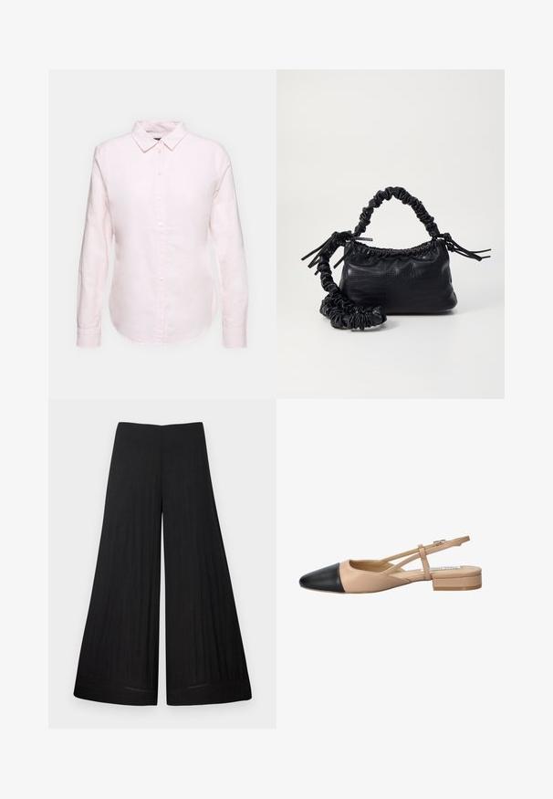 Kergelt roosa pika varrukaga särk, mis on varustatud nööpidega kaelaribaga, sirge hemiga ning pehme tekstuuriga, valmistatud kerge puuvillase kanga materjalist.; Mustad lai püksid, mis on valmistatud kergetest materjalidest. Omavad neil lame vöökoht ja voolavat materjali, minimaalsete õmblusdetailidega.; Beez ja must kahetooniline slingback king, millel on terav nina, lame konts ja ristuv rihma detail. Sile nahk tekstuur.; Must must sünteetilisest nahast käekott, millel on krokodillimuster, kokku tõmmatav ülaosa ja kortsus rihm. Tundub pehme ja kompaktne disain.