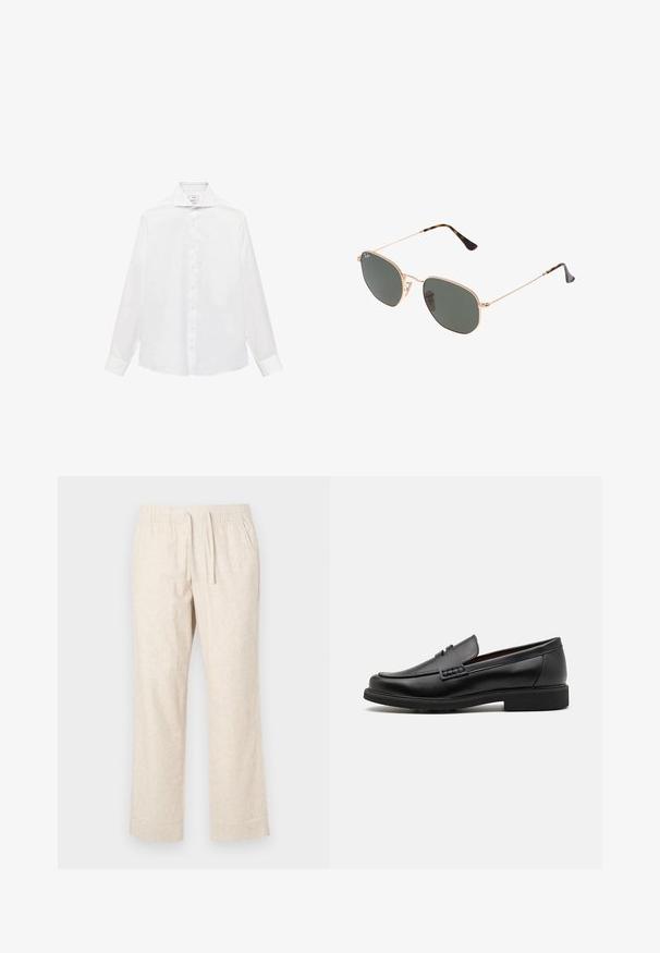 Hvid langærmet skjorte med knapper og spidse krave, med en glat tekstur og syv knapper foran.; Beige linnedragter med elastisk talje og snor. Lige ben-design med en let tekstur og subtilt vævet mønster.; Sorte syntetiske loafers med en fremtrædende syet front, polstret indersål og flad gummiydersål; slankt design med minimal detaljer.; Guldmetallisk brille med mørkegrønne linser, aviator-stil, med slanke arme og skildpadde-mønstrede detaljer på spidserne.