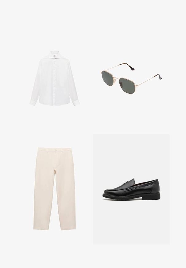 Bijela košulja dugih rukava s dugim ovratnikom, s glatkom teksturom i sedam gumba sprijeda.; Beige ravne hlače izrađene od mekanog materijala, s petljama za remen, zatvaračem i dva bočna džepa. Čist, minimalistički dizajn.; Crne sintetičke loafers cipele s izraženim šavom sprijeda, podstavljenom uloškom i ravnim gumeni potplatom; elegantan dizajn s minimalnim detaljima.; Naočale s metalnim okvirom u zlatnoj boji i tamnozelenim lećama, avijatičarskog stila, sa tankim drškama i kornjačevim naglascima na vrhovima.