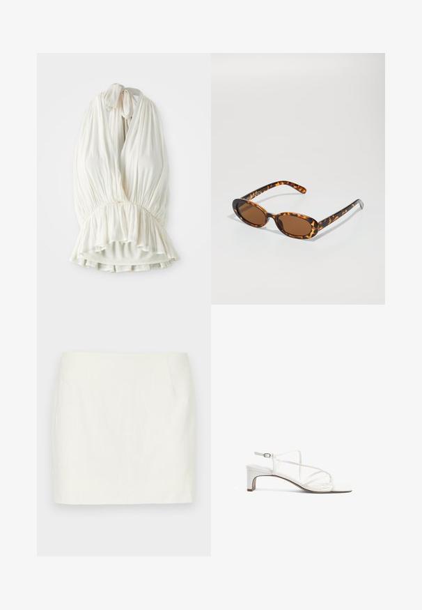 Svetlý slonovinový halter top vyrobený z jemnej tkaniny, s prepleteným dizajnom a zberaným pásom pre rozšírený spodný okraj. Uväzuje sa na krku.; Biele ľanové mini sukne so strmým strihom, obsahujúcimi bočné vrecká a hladkú textúru. Žiadne viditeľné vzory ani akcenty.; Biele sandále na vysokom podpätku so štíhlym strapcom, štvorcovou špičkou a nízkym blokovým podpätkom. Hladký povrch s nastaviteľným detailom okolo členku.; Žlté slnečné okuliare s oválnymi rámami, hnedými sklami a štíhlymi čiernymi stranami s jemnými vzorovými akcentmi.; Čierna tkaná taška cez plece s hladkým koženým remienkom a zipsovým uzáverom. Disponuje štruktúrovaným povrchom a zakriveným tvarom.