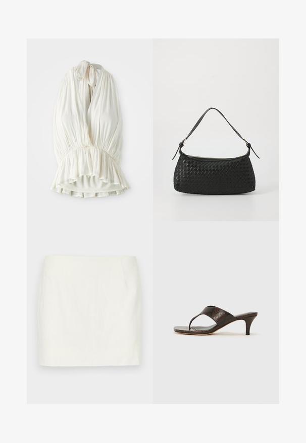 Kerge elevandiluust värvi kaela sidumiseks mõeldud top, mis on valmistatud pehmest kangast. Sellel on volditud disain ja kogutud vöökoht, mis loob laiendatud hemmi. Sidumine kaela juures.; Valgete linast mini-seelikut sirge lõikega, mis sisaldab küljetaskuid ja sujuvat tekstuuri. Ilma nähtavate mustrite või aktsentideta.; Pruun faux nahkade nahkadega kontsad, millel on soonikdisain ja ruudukujuline varvas. Kontsa kõrgus on umbes 5 cm ja see on sileda viimistlusega.; Must mustriga õlakott sujuvate nahkliistude ja tõmblukuga. Omab tekstuurset pinda ja kaarjat kuju.