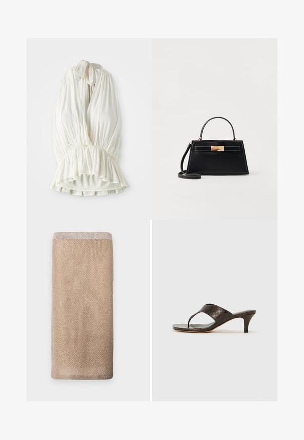 Helles Elfenbein Haltertop aus weichem Stoff, mit einem plissierten Design und einem gerafften Bund für einen ausgestellten Saum. Bindebänder am Ausschnitt.; Beige gestrickter Schal mit dezentem Glanz, strukturierter Oberfläche und einem helleren Saum am oberen Rand. Rechteckige Form.; Braune, gefälschte Schlangenleder-Sandaletten mit einem Zehenstegdesign und einer quadratischen Spitze. Der Absatz ist etwa 5 cm hoch und hat eine glatte Oberfläche.; Schwarze Lederhandtasche mit einer strukturierten trapezförmigen Form, goldfarbener Beschläge und kontrastierenden weißen Nähten. Mit einem kurzen Griff und einem langen Tragegurt.