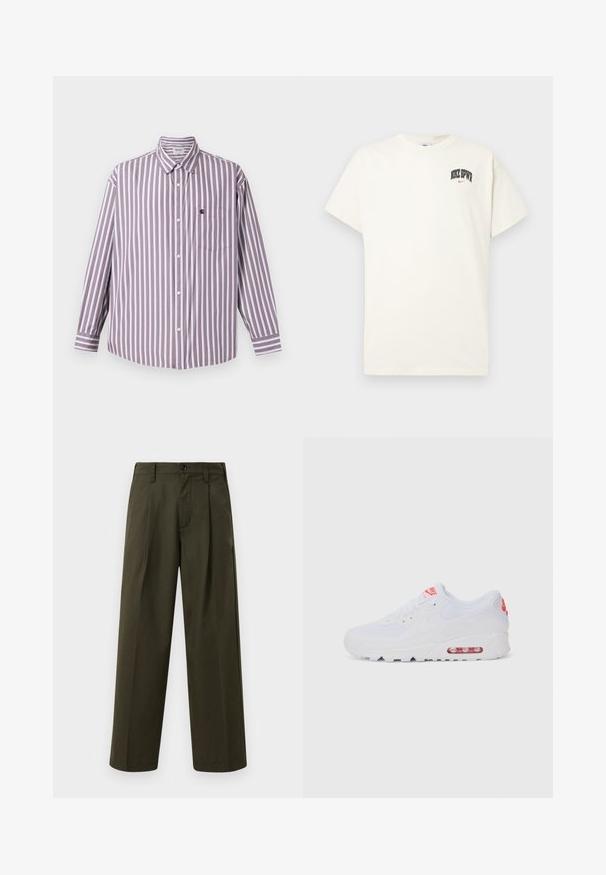 Randigt långärmad skjorta i ljus lila och vitt, med kragknappning, framficka och böjd nederkant. Tillverkad av bomull.; Krämm färgad bomulls t-shirt med kort ärm, med "NIKE SB" i svart och röd text på bröstet. Standard rund halsringning.; Olivgrön vida byxor i bomull med en slät textur, med en framficka, bälteshällor och en enkel knappknäppning.; Vit atletisk sneaker med en slät överdel, snörning, vadderad sula och en synlig luftenhet med röda detaljer på varumärket.