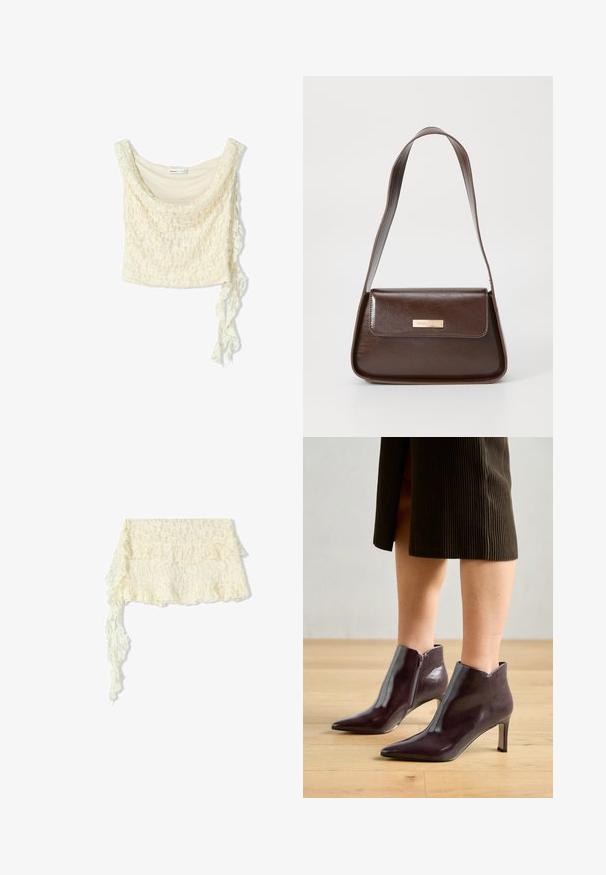 Krajkový crop top v barvě off-white, s jemným drapováním, kulatým výstřihem a detaily na bočním zavazování pro nastavitelnou velikost. Jemný květinový vzor po celém povrchu.; Ivory krajkový šál s volánkovými okraji; obsahuje složité květinové vzory; jemně splývá s dlouhým, splývajícím koncem.; Bordové kožené kotníkové boty s špičatou špičkou a štíhlým podpatkem. Obsahují boční zip a hladký, lesklý povrch.; Hnědá kožená taška přes rameno se strukturovaným tvarem, vybavená magnetickou klopou a metalickým logem na přední straně.