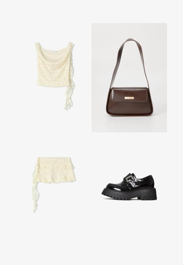 Krajkový crop top v barvě off-white, s jemným drapováním, kulatým výstřihem a detaily na bočním zavazování pro nastavitelnou velikost. Jemný květinový vzor po celém povrchu.; Ivory krajkový šál s volánkovými okraji; obsahuje složité květinové vzory; jemně splývá s dlouhým, splývajícím koncem.; Černá lakovaná platforma se silnou podrážkou, s ozdobným přezkou a elegantním designem. Texturovaný vzor pro lepší úchop.; Hnědá kožená taška přes rameno se strukturovaným tvarem, vybavená magnetickou klopou a metalickým logem na přední straně.