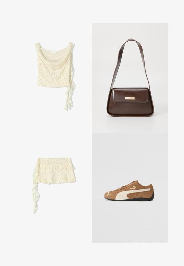 Čipkast crop top v off-white barvi, opremljen s mehkimi draperijami, krojenjem z okroglim izrezom ter stranskim vezanjem za prilagodljivo prileganje. Z nežnim cvetličnim vzorcem po celotni površini.; Čipkast plašč v slonokošni barvi z nabranimi robovi; vsebuje zapletene cvetlične vzorce; nežno se preliva z dolgim, vlečenim koncem.; Rjave zamšaste nizke teniske s kremastimi poudarki, teksturirano površino, črnim gumijastim podplatom in izvezenim logotipom na strani in jeziku.; Rjava usnjena torba za ramo z urejeno obliko, ki ima magnetno zapiranje na pokrovu in kovinski logotip na sprednji strani.