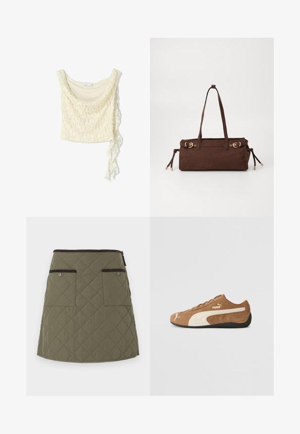 Blonde blonde top i off-white, med en blød drapering, scoop-udskæring og en sidebinding for justerbar pasform. Delikat blomster mønster gennem hele.; Quiltet nederdel i olivengrøn med en søm, der falder over knæet. Har to forlommer med mørkebrune detaljer og lynlås-lukning.; Brune ruskind lav-top sneakers med creme accenter, tekstureret overflade, sort gummisål og broderet logo på siden og tungen.; Brun suedetotebag med to skulderremme, guld hardware detaljer og justerbare sideknuder. Har en lynlåslukning og en glat tekstur.