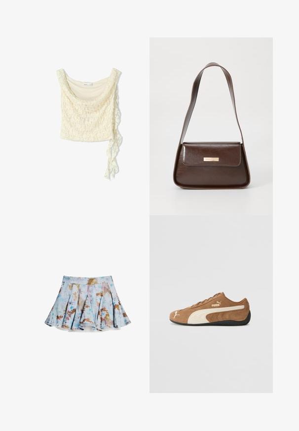 Csipkés crop top tört fehér színben, lágy eséssel, kerek nyakkivágással és oldalsó megkötő részlettel az állítható illeszkedés érdekében. Finom virágmintázat az egész felületen.; Világoskék, virágmintás, barna és türkiz színű harangszoknya. Ráncos anyagból készült, rugalmas derékkal és pliszírozott kialakítással.; Barna nubuk alacsony szárú sportcipő krém színű díszítéssel, texturált felső résszel, fekete gumitalppal, és hímezett logóval az oldalon és a nyelvén.; Barna bőr válltáska, struktúrált formával, mágneses fedélzárral és fémből készült logóval az elején.