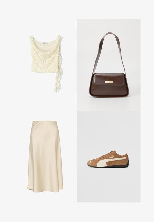 Spitzen-Crop-Top in Cremeweiß, mit einem weichen Fall, Rundhalsausschnitt und einem seitlichen Bindedetail für eine verstellbare Passform. Zartes florales Muster überall.; Beige Satin A-Linienrock mit elastischem Bund, glatter Textur und fließender Silhouette, die sanft zur Saumkante verläuft.; Braune Wildleder-Low-Top-Sneaker mit cremefarbenen Akzenten, strukturierter Oberfläche, schwarzer Gummisohle und gesticktem Logo an der Seite und Zunge.; Braune Lederschultertasche mit strukturierter Form, ausgestattet mit einem magnetischen Klappenverschluss und einem metallischen Logoakzent auf der Vorderseite.