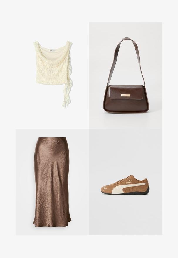 Top corto in pizzo color avorio, con un morbido drappeggio, scollo a barca e dettagli con nodo laterale per una vestibilità regolabile. Pattern floreale delicato in tutto il capo.; Gonna color bronzo, di lunghezza media, realizzata in tessuto spiegazzato; texture liscia con una leggera lucentezza; leggera svasatura all'orlo.; Sneaker bassa in suede marrone con accenti crema, superficie texture, suola in gomma nera e logo ricamato sul lato e sulla linguetta.; Borsa a spalla in pelle marrone con una forma strutturata, dotata di chiusura a patta magnetica e un accento di logo metallico sul davanti.