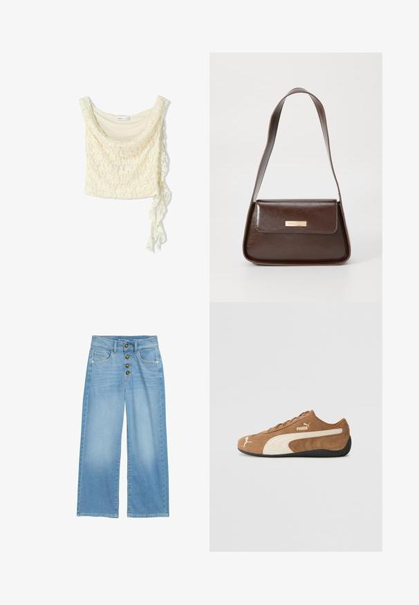 Top scurt din dantelă în alb murdar, cu o cădere moale, decolteu rotund și un detaliu cu fundiță pe lateral pentru o ajustare confortabilă. Model floral delicat pe toată suprafața.; Jeans de denim albastre deschis, cu picioare ample, având talie înaltă, închidere frontală cu cinci butoane și două buzunare frontale. Textură netedă pe tot parcursul.; Tenis low-top din suede maro cu accente crem, suprafață texturată, talpă din cauciuc negru și logo brodat pe lateral și pe limbă.; Geanta de umăr din piele maro, cu o formă structurată, care dispune de un închizător cu clapetă magnetică și un accent metalic cu logo pe față.