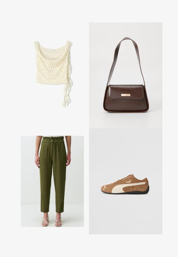 Kanten crop top in off-white, met een zachte val, ronde hals en een zijstrikdetail voor een verstelbare pasvorm. Delicaat bloemmotief over het geheel.; Olijfgroene, hoge taillebroeken met een relaxte pasvorm, voorzien van een geraffineerde tailleband, zijzakken en een zachte textuur.; Bruine suède low-top sneakers met crèmekleurige accenten, een gestructureerd oppervlak, een zwarte rubberen zool en een geborduurd logo aan de zijkant en op de tong.; Bruine leren schoudertas met een gestructureerde vorm, voorzien van een magnetische klepsluiting en een metallic logoaccent aan de voorkant.