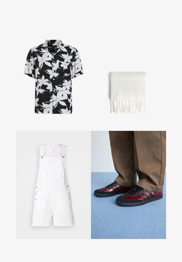 Camicia a maniche corte con bottoni in tessuto nero con un ampio motivo floreale bianco. Presenta una tasca sul petto e un design dalla vestibilità rilassata.; Salopette in denim bianco con spalline regolabili, tasca frontale e dettagli in bottone sui lati. Presenta gambe corte e una texture pulita e liscia.; Scarpe da ginnastica nere e bordeaux in pelle e scamosciato, con lacci neri e tre strisce nere di lato. Suola in gomma.; Sciarpa in pile bianco con bordi frangiati, texture morbida e forma rettangolare. Adatta per essere indossata a strati e per fornire calore.