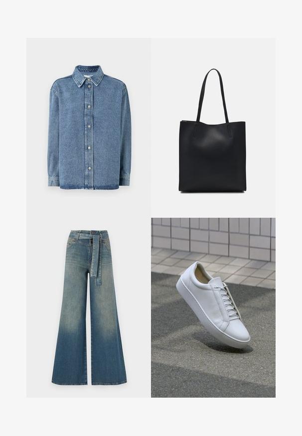 Džínová košile světle modré barvy s dlouhými rukávy, zapínání na knoflíky vpředu, špičatým límcem a uvolněným střihem. Měkká textura s minimálními detaily šití.; Džínové kalhoty širokého střihu s přechodem od světlé k tmavě modré, vysokým pasem, poutky na opasek a odpovídajícím opaskem ze stejného materiálu. Texturovaná džínovina.; Bílé kožené tenisky s kulatou špičkou, plochou podrážkou a šesti páry dírek. Hladký povrch a minimalistický design s detaily šití.; Černá kožená taška přes rameno s hladkým povrchem, obdélníkovým tvarem a dvěma dlouhými uchy. Žádné viditelné kování ani ozdoby.